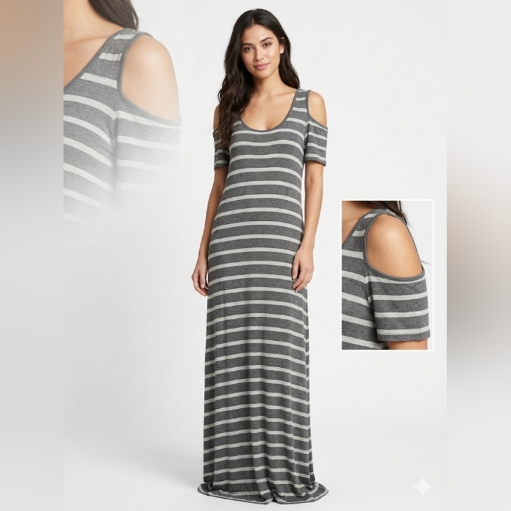 RELAXX  Cold-Shoulder Striped Maxi Dress - Gray and Cream 1XL  Rayon Summer
